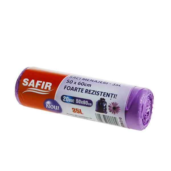 Saci de gunoi menajer SAFIR 35 l la rola , HDPE, mov, 20 buc,50 role/bax