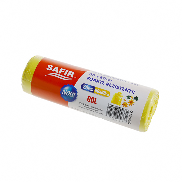 Saci de gunoi menajer SAFIR 60 l la rola , HDPE, galbeni , 20 buc,30 role/bax